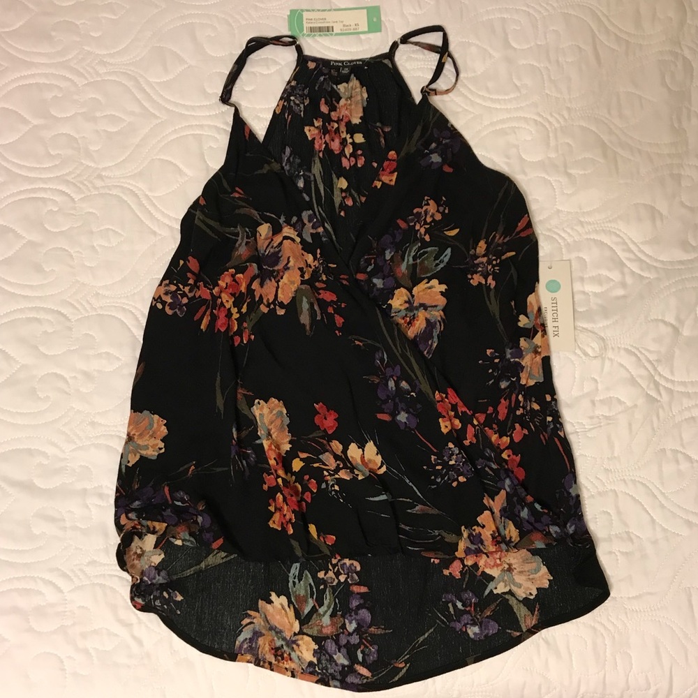 Pink Clover Dressy Racer Back Top.  Black Floral. Stitch Fix Exclusive. NWT.  XS